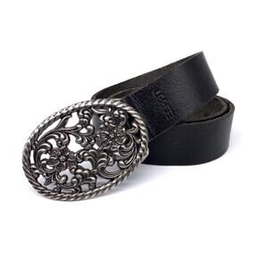 ESPRIT Genuine Leather Belt Floral Belt Buckle Black Silver 80CM